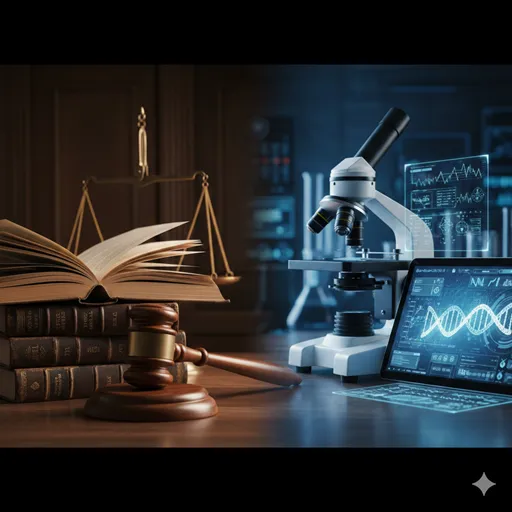 裁判の木槌（ガベル）と、実験用の顕微鏡が並び、確定した真実と探求のプロセスを象徴するイメージ。