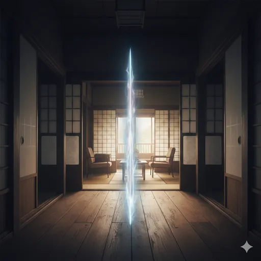 暗い廊下から明るい部屋への境界線である敷居が、物理的な高さ以上に高く、越えがたく感じられる演出。