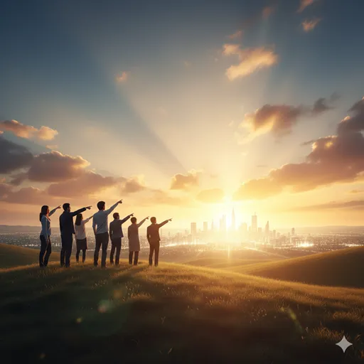 朝日の昇る丘の上で、遠くの街並みを指差し、進むべき方向を示している群衆のシルエット。