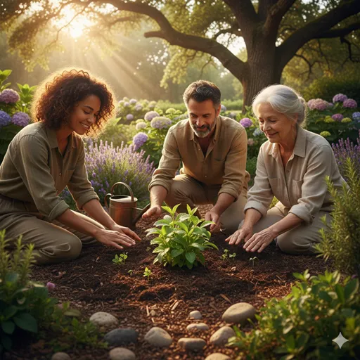 庭に丁寧に水をやり、植物が少しずつ成長して豊かな緑を広げていく様子。