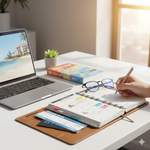 デスクの上で、申請書を書き終え、憧れの旅行地のパンフレットを広げて未来の休みをデザインしている様子。