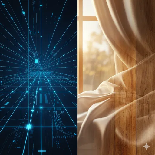 精密なデジタルメーターと、職人が手で触れて感触を確かめている美しい素材の対比。