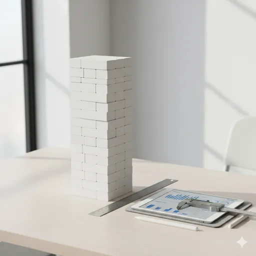 計算機やノートの横で、コインやブロックが一つずつ正確に積み上げられていく様子。