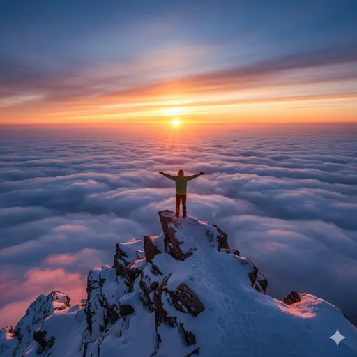 山の頂に立ち、広大な雲海を見下ろしながら達成感に浸る登山者のシルエット。