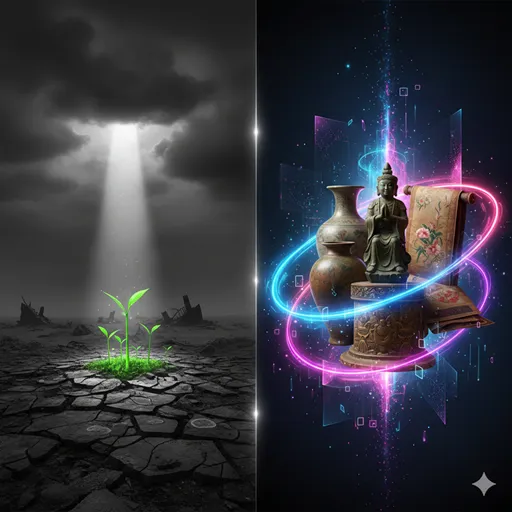 がれきの中から力強く芽吹く緑の植物（復興）と、古びた金継ぎの器を優しく包む現代的な光（再興）を対比させたイメージ。