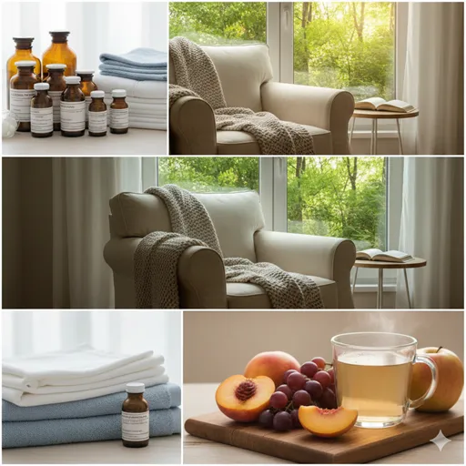 清潔感のあるベッドサイド（療養）、緑豊かな窓辺の椅子（静養）、そして温かいお茶と健康的な食卓（養生）を一枚に収めた、心身の回復を象徴するイメージ。