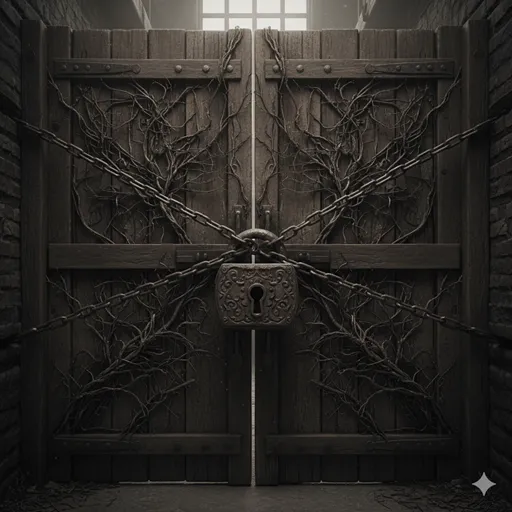 錆びついた鳥籠や、重厚すぎて開かない古い扉を背景に、閉塞感を感じさせるモノクロ調のイメージ。