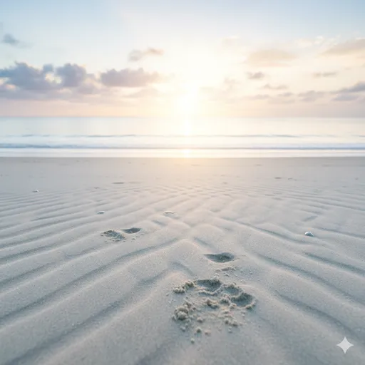 嵐が去った後の穏やかな海辺で、砂浜に残された足跡を見つめながら、遠い水平線の輝きへと歩き出す人物。