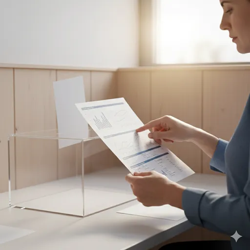 投票箱の前で、資料を読み込みながら真剣に考え、一票を投じようとする有権者の手元。