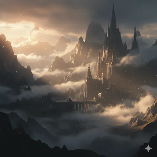 深い森の霧が晴れ、そこに隠されていた美しい古城の全貌が姿を見せる瞬間。