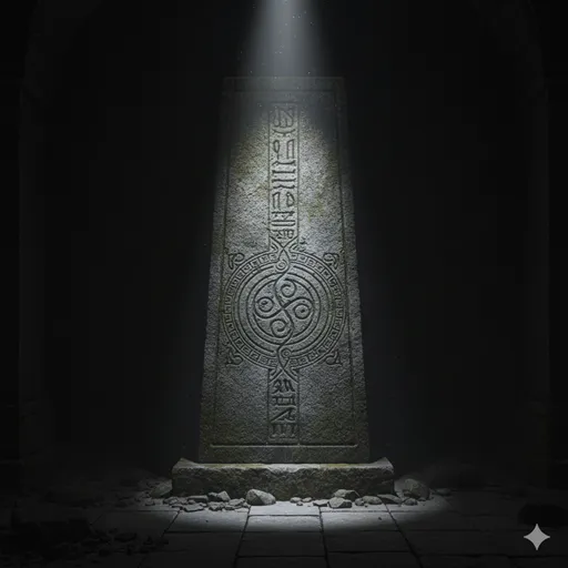 古い巻物や石碑に光が当たり、隠されていた刻印が鮮明に浮かび上がる様子。