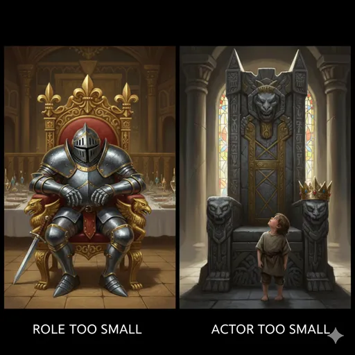 小さすぎる椅子に座る巨人と、巨大な玉座の前に立つ小さな子供の対比イメージ。