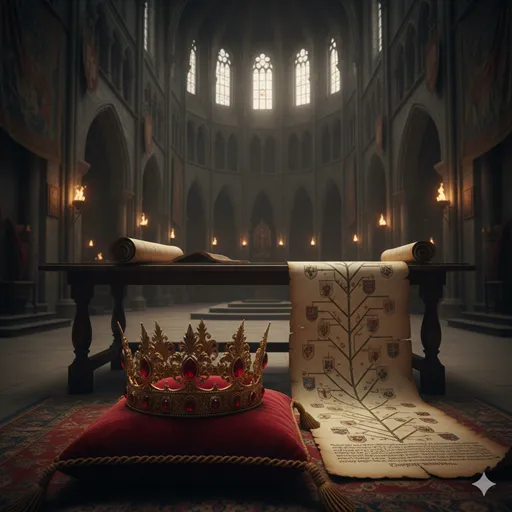 厳かな雰囲気の中で、台座に安置された歴史ある王冠と、古い系譜の巻物。