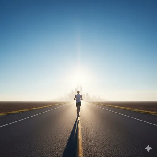 朝靄の中、自分のペースを守りながら地平線へと続く一本道を走り続けるランナーの後ろ姿。