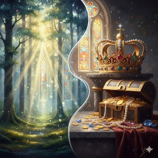 暗闇に差し込む一筋の聖実な光と、ベルベットの上に置かれた黄金の王冠の対比。