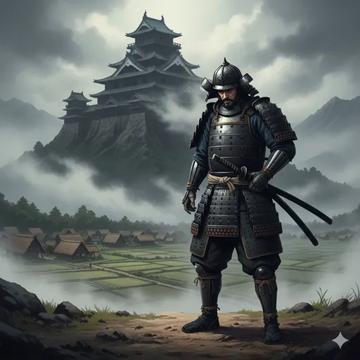 険しい崖の上に建つ小さな城と、その土地を背負って立つ武士のシルエット。