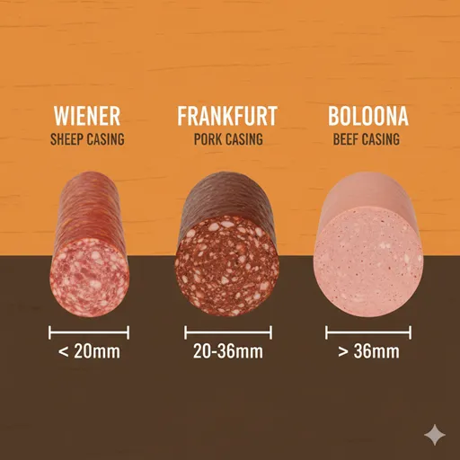 WIENER（under 20mm）、FRANKFURT（20-36mm）、BOLOGNA（over 36mm）の太さを比較した英語の図解。