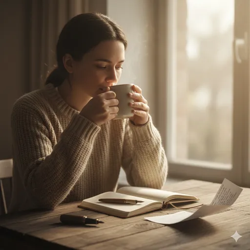 お茶を一口飲みながら、独り言のように大切な言葉を噛み締めているリラックスした風景。