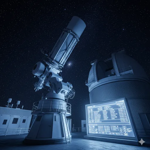 望遠鏡や精密な計測器が並び、夜空や気象データを測定している科学的な風景。