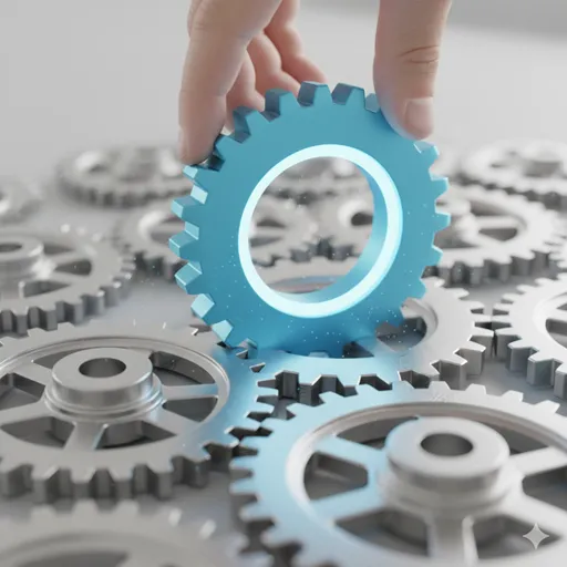 既存の広大な歯車組織の中に、新しい透明な歯車が静かに組み込まれ、全体が連動し始める様子。