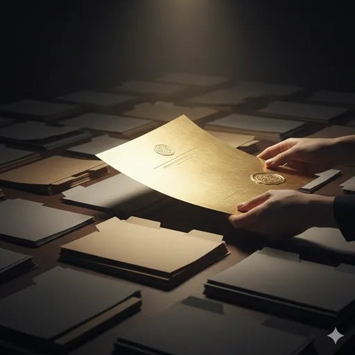 数ある選択肢の中から、光り輝く一つの企画書や案が丁寧にピックアップされている様子。