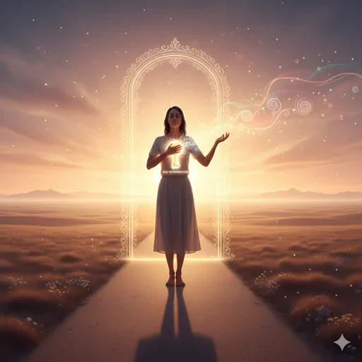 自分の胸元にある鍵を開け、広大な青空に向かって歩き出す自由な人物の姿。