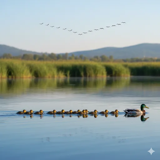 夕暮れの空に規則正しく並んで飛んでいく渡り鳥の群れ。