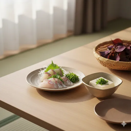 大葉の千切りが乗った冷奴や刺身など、日本の豊かな食卓を彩る料理のイメージ。