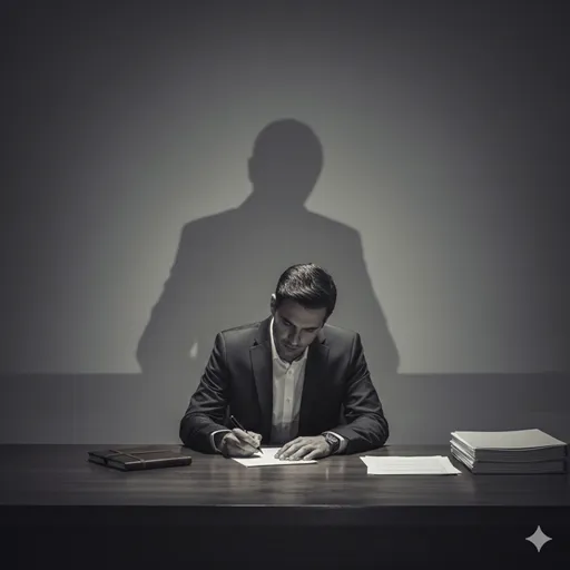 深く頭を下げた人物のシルエット、あるいは一文字ずつ丁寧に書かれた反省の意を示す書面。