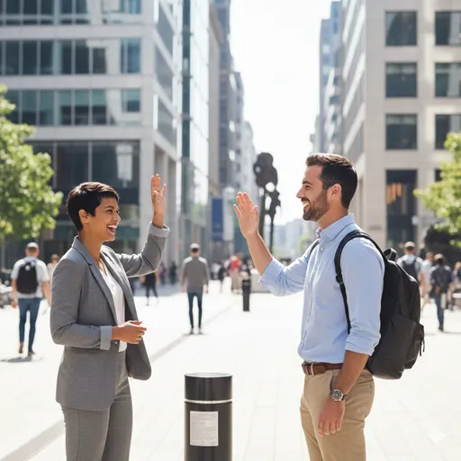 街角のカフェの前で、笑顔で挨拶を交わしながら対面する二人の友人。