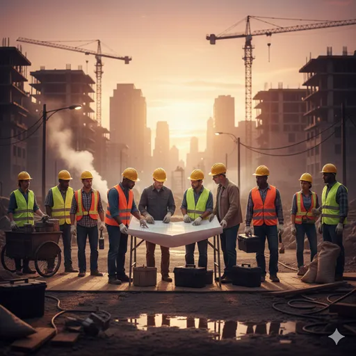 被災した街並みの向こう側で、人々が手を取り合い、新しい橋や家を建設している夜明けの風景。