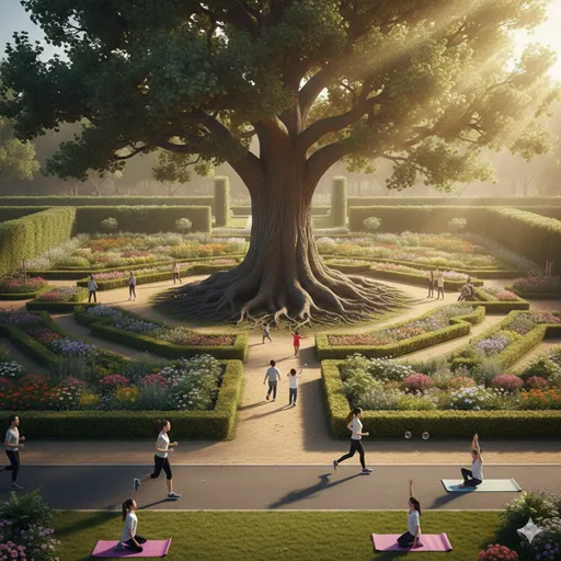 青空の下、真っ直ぐに伸びる一本の大きな樹木と、その傍らで活動的に過ごす人々の、調和のとれた美しい風景。