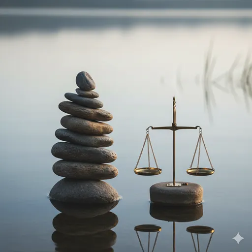 水平が保たれた天秤と、積み上げられた滑らかな石のタワー。バランスと安定の象徴。