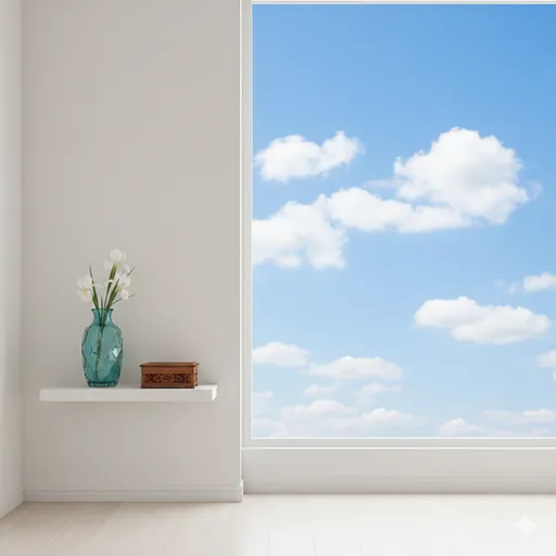 すっきりと片付いた部屋の窓辺に、一つだけ大切に飾られた形見の品と、そこから広がる青空。