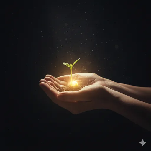 両手で優しく包み込まれた小さな芽、あるいは赤ちゃんの小さな手と親の手。