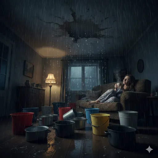 雨漏りする屋根の下で、バケツを置いて一時的に凌いでいるが、根本的な修理はなされていない光景。