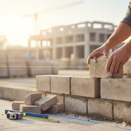 水平器や定規を使い、寸分の狂いもなくレンガを積み上げて強固な土台を作っている職人の手元。