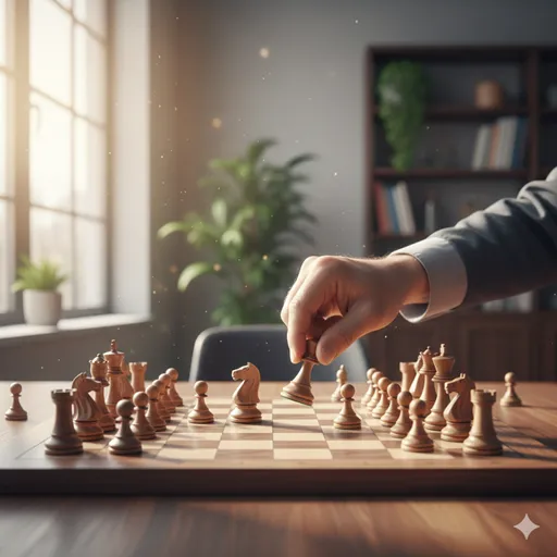 チェスボードの上で、進むべき道を指し示すリーダーの手と、それを受けて動き出す駒たち。