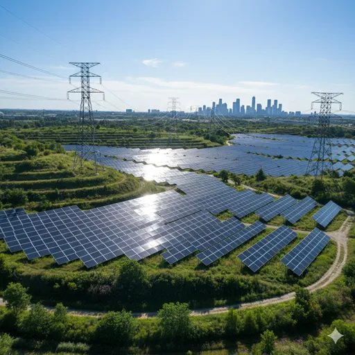 広大な太陽光発電パネルが並ぶ土地と、そのエネルギーを街の明かりへ変えていくシステム。