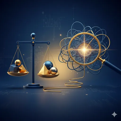 天秤の上に置かれた複数の選択肢と、その背後で複雑なパズルのピースを繋ぎ合わせる知的なイメージ。