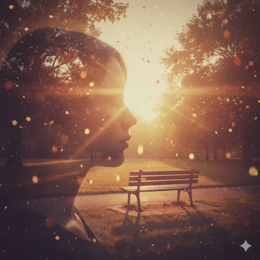 夕暮れ時の美しい風景が、セピア色の霧のように優しく混ざり合いながら脳裏に浮かんでいる様子。