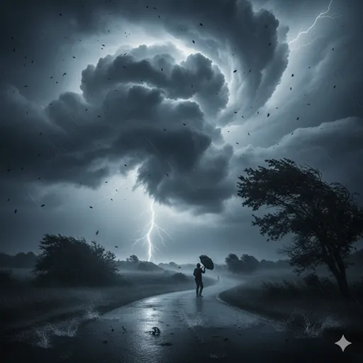 突然の嵐に襲われ、風に吹かれる木々と激しい雨のしぶき。