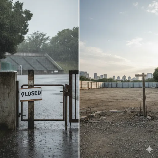 降りしきる雨の中で一時的に閉じられた門（中止）と、古びた看板が取り外され更地になった風景（廃止）を対比させたメインビジュアル。