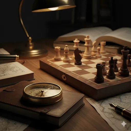 霧の中を正確に進む方位磁石と、その先に描かれたチェスの駒。目的を遂行するプロセス。