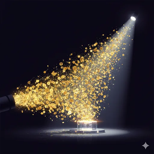 狙いを定めた一点に向かって、大量のコインやエネルギーが滝のように流れ込む様子。