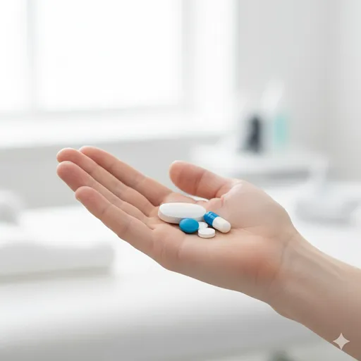 手のひらに乗せられた数粒の錠剤に焦点を当て、まさに今から薬を摂取しようとする正確な動作の瞬間。