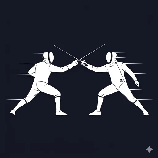 フェンシングの試合のように、互いのポイント（論理）を的確に突き合い、技を磨き合う二人の競技者のシルエット。