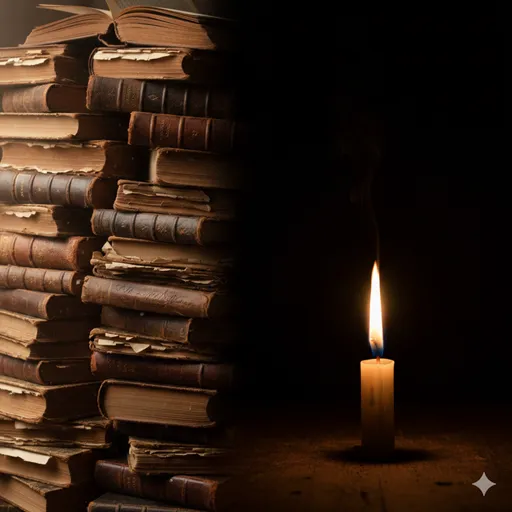 重厚な本が積み重なった背景と、中心で静かに、しかし強く輝く一筋の光の対比。