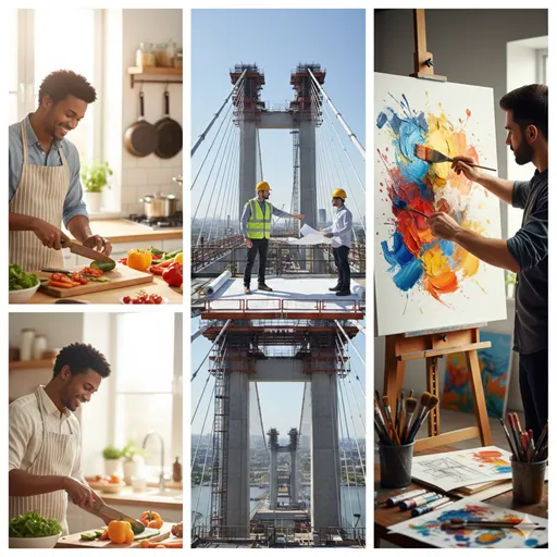 料理をする手元、設計図と巨大な建築物、そして真っ白なキャンバスに筆を走らせる瞬間を組み合わせたメインビジュアル。