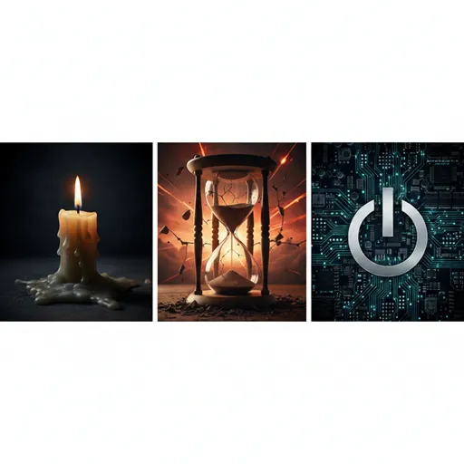 燃え尽きそうな一本のロウソク、崩れゆく砂時計、そしてスイッチの切れた電子回路を象徴的に配置した、三つの終わりのイメージ。